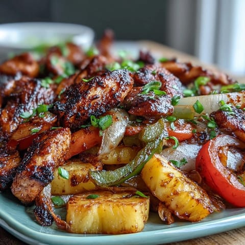 Sheet pan chicken fajitas with pineapple and bell peppers, roasted until tender and caramelized for a flavorful Tex-Mex dinner.