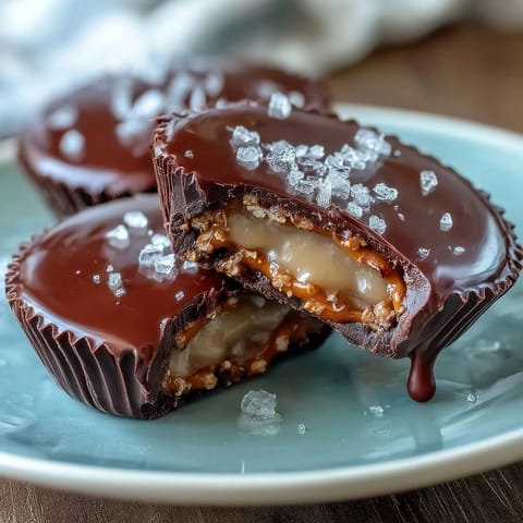 Crunchy pretzel homemade peanut butter cups with creamy filling and smooth chocolate topping on a salty pretzel base.