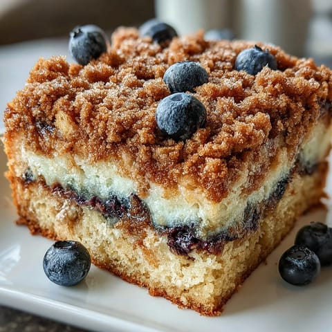 Lemon blueberry sourdough coffee cake squares with juicy berries and crunchy streusel topping, perfect for a sweet breakfast treat.  