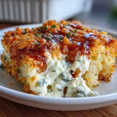 Cheesy jalapeño funeral potatoes with golden cornflake topping in a casserole dish, perfect for potlucks or family gatherings.