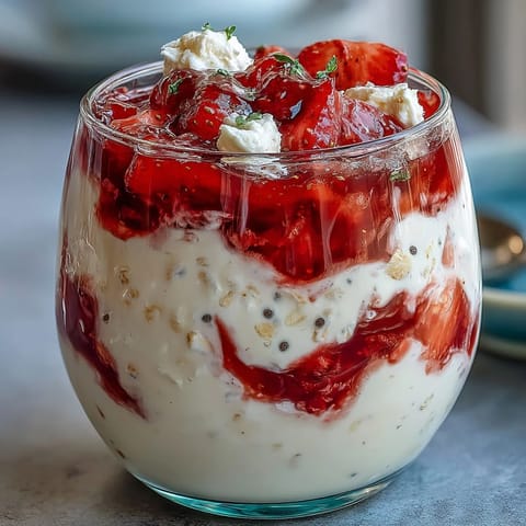 Fluffy yogurt overnight oats with strawberry swirl, creamy and airy, layered with vibrant homemade fruit sauce.