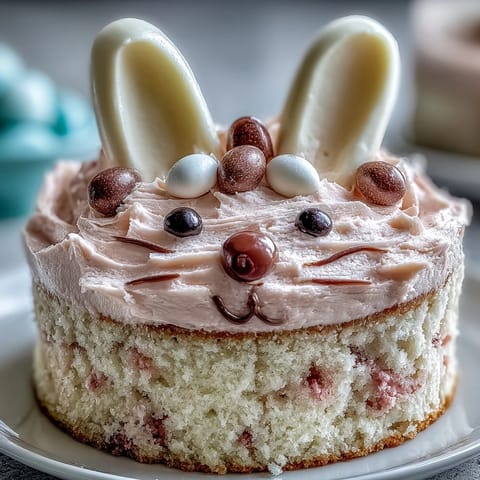 Festive Easter bunny cakes featuring soft vanilla layers, pastel buttercream, and playful marshmallow ears.  