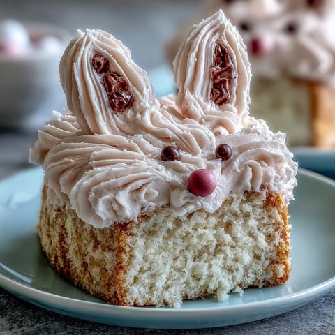 Cute mini bunny cakes with vanilla sponge, fluffy buttercream, and colorful candy decorations for Easter.  