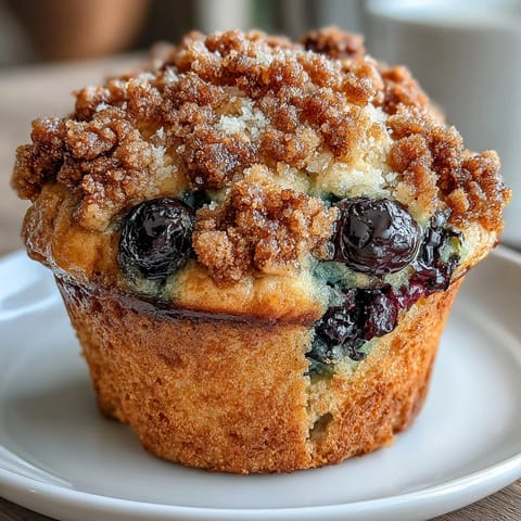 Moist blueberry lemon sourdough muffins with streusel topping, bursting with juicy berries and bright citrus flavor in every bite.  