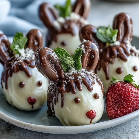 Festive strawberry treats decorated as Easter bunnies with pink candy melt details and chocolate drizzle.