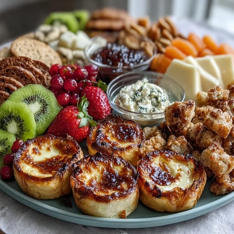 Festive Mothers Day brunch board with mini quiches, fresh fruit, cheeses, and pastries arranged beautifully.  