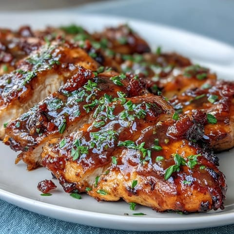 A savory honey-mustard glazed chicken breast served with crisp green beans, offering a perfect balance of tangy and sweet flavors in every bite.