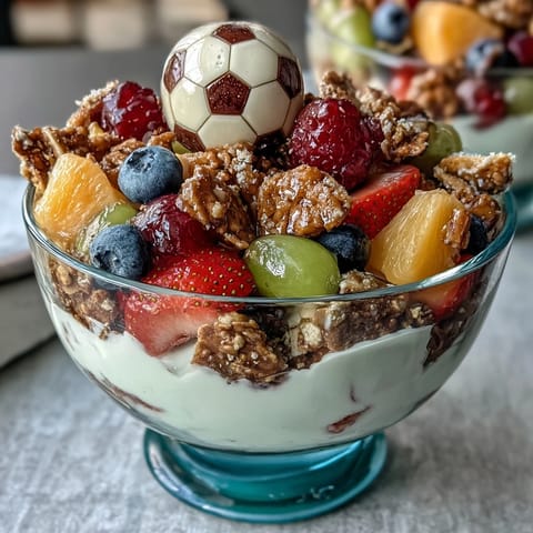Soccer Team Snack Cups with Fruit and Granola in clear cups, layered with strawberries, blueberries, and crunchy granola for a colorful team treat.