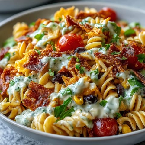 Colorful Taco Pasta Salad with Doritos and Avocado Ranch dressing, topped with fresh vegetables and shredded cheese.  