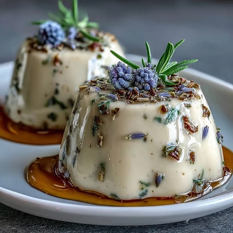 Silky honey lavender panna cotta with a delicate floral aroma, served in elegant glasses and topped with fresh berries.