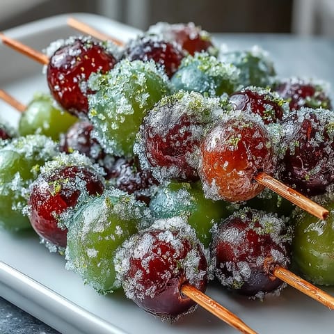 Sweet frozen grapes on skewers, rolled in zesty lime sugar for a burst of citrus flavor.  