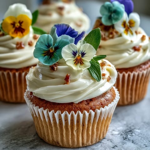 Delicate vanilla cupcakes with buttercream frosting and edible spring flowers, a beautiful and tasty dessert.  