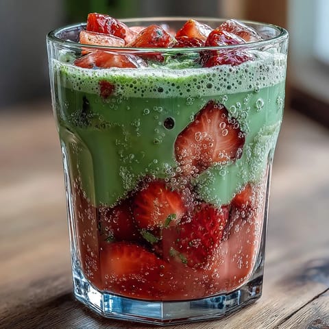 A vibrant layered strawberry matcha latte with creamy oat milk and fresh strawberry puree.