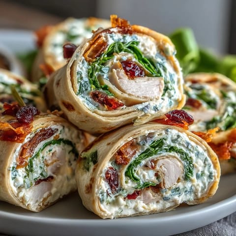 Delightful turkey and cheese tortilla pinwheels layered with fresh spinach, rolled and sliced for easy, crowd-pleasing appetizers or lunch ideas.  