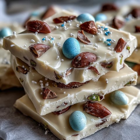Colorful Easter-themed white chocolate bark featuring candy-coated eggs and nutty pistachios, ideal for festive dessert platters.