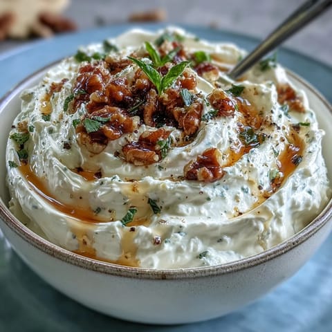 Velvety whipped feta cheese blended with cream cheese, topped with honey, toasted walnuts, and lemon zest for a tangy appetizer.  