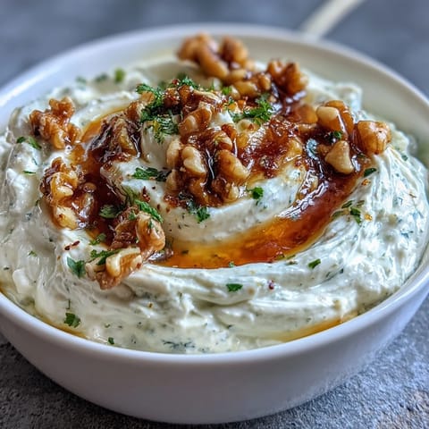 Creamy whipped feta dip with golden honey drizzle and crunchy walnuts, served with warm pita bread and fresh herbs.  