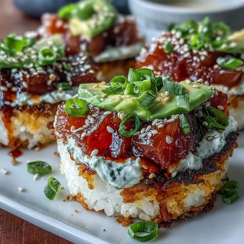 Spicy tuna crispy rice topped with creamy, spicy tuna and garnished with avocado slices for a sushi bar favorite at home.