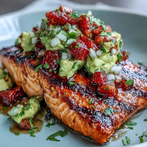 Colorful strawberry avocado salsa crowns flaky grilled salmon, a delicious healthy meal.