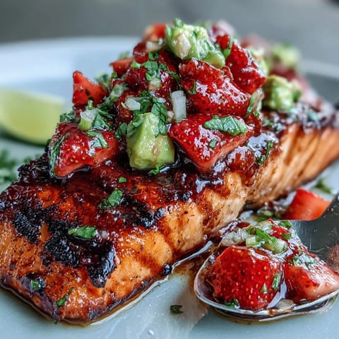 Juicy grilled salmon topped with vibrant strawberry avocado salsa, perfect for summer.