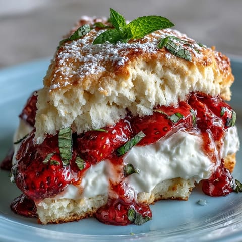 Strawberry Basil Shortcake Biscuits piled high with fresh berries and cream.