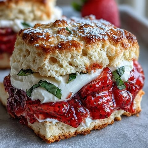Glistening Strawberry Basil Shortcake Biscuits, perfect for a light summer dessert.