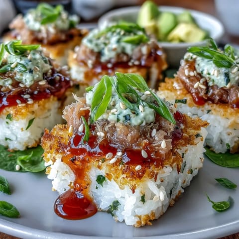 Crispy Rice Salad with Avocado and Spicy Tuna, vibrant and crunchy with fresh toppings.
