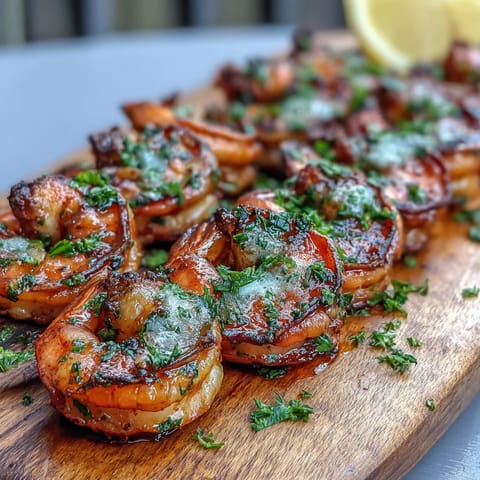 Tender grilled honey garlic shrimp skewers, glistening with glaze, ready for a summer feast.