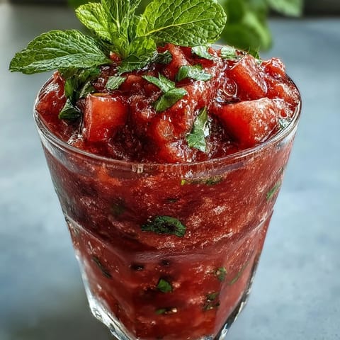 Luscious Watermelon Mint Frosé, a pale pink frozen treat garnished with fresh mint.