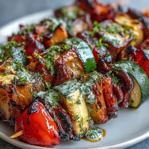 Grilled veggie kabobs showcasing vibrant colors, smoky char, with bright chimichurri.
