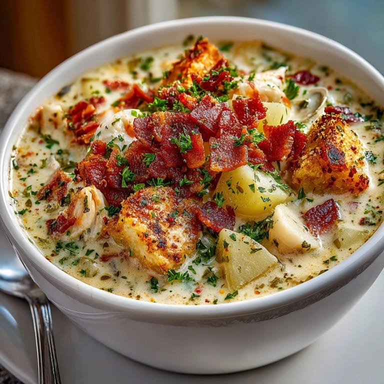 Creamy New England Clam Chowder loaded with potatoes and tender clams, served with oyster crackers.