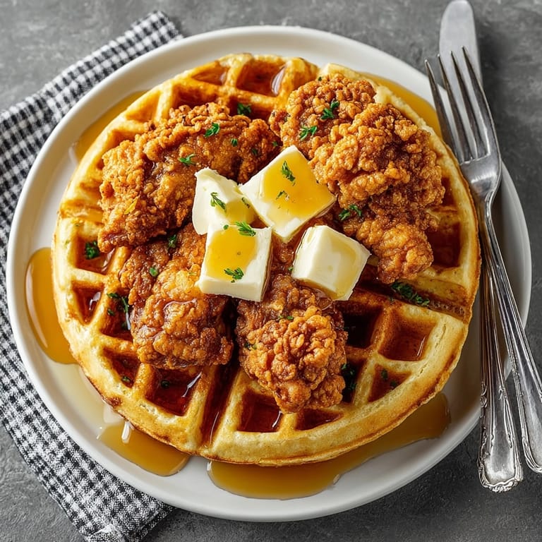 Chicken and waffles stacked on a plate, crispy fried chicken atop golden, fluffy waffles with syrup.