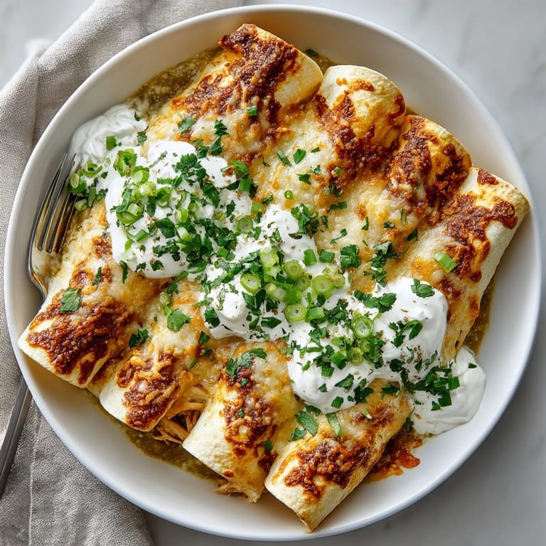 Green chile enchiladas with melty cheese and chicken, topped with fresh cilantro garnish