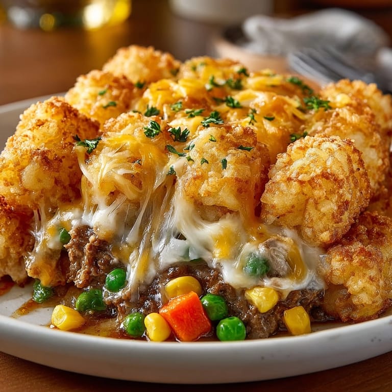 Hearty Tater Tot Hotdish served steaming hot, loaded with vegetables, beef, and a cheesy finish.