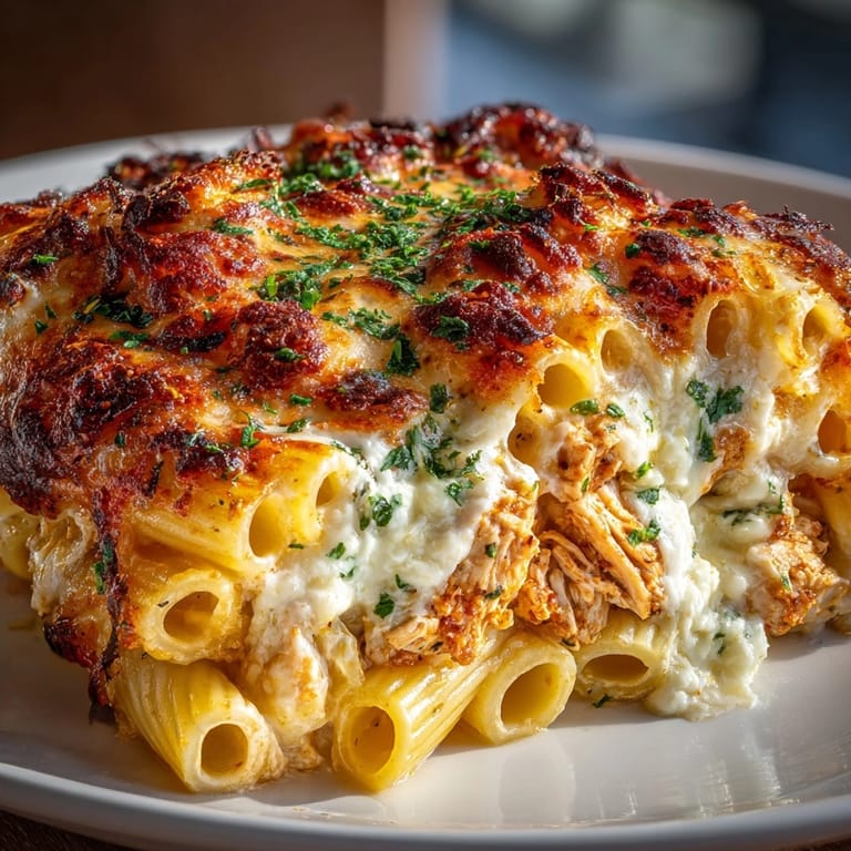 Budget Chicken and Cheese Pasta Bake bubbling with golden mozzarella, fresh from the oven