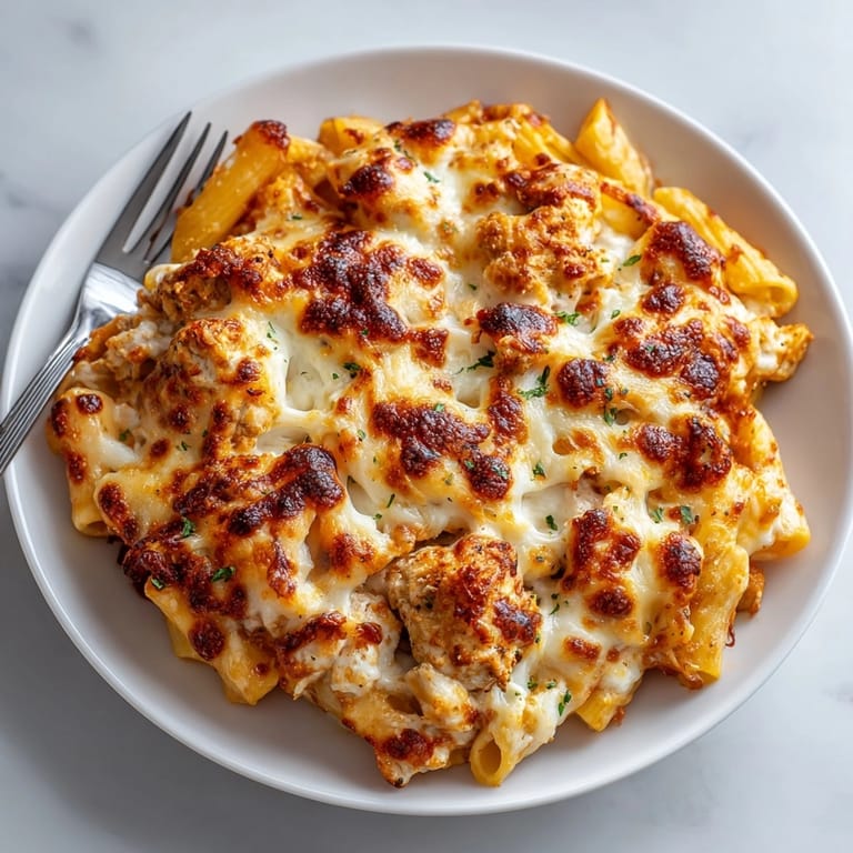 Hearty Budget Chicken and Cheese Pasta Bake garnished with herbs, perfect for family dinner