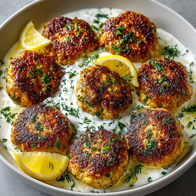 Juicy Greek Chicken Meatballs with Zesty Lemon drizzled with tangy yogurt dip and sprinkled with herbs.