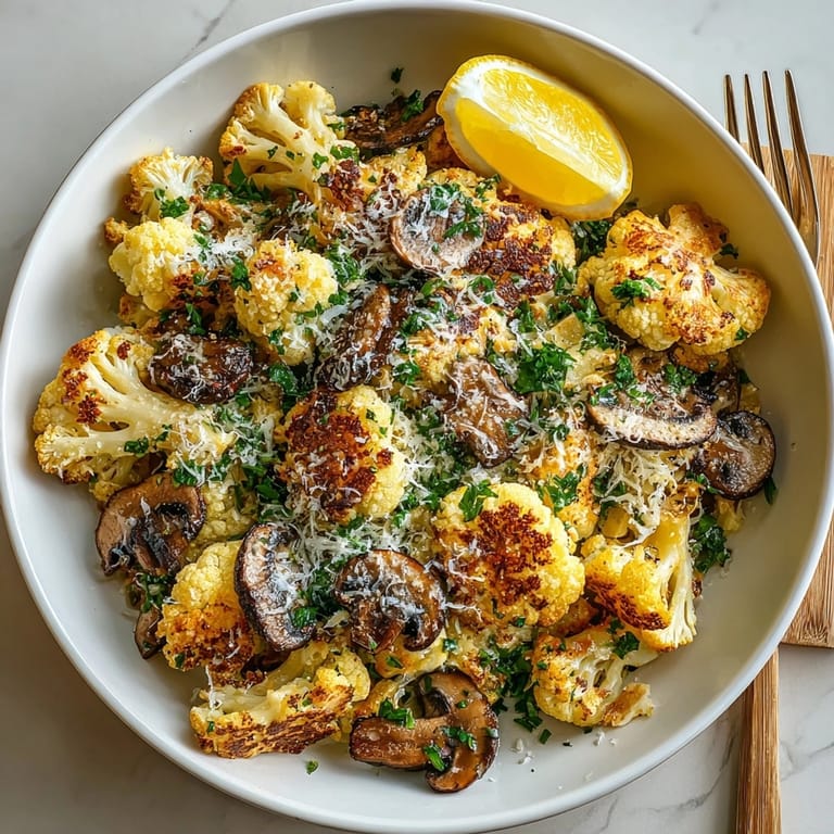 Freshly cooked Garlic Cauliflower Mushroom Skillet garnished with lemon wedges and vibrant herbs for a wholesome meal.