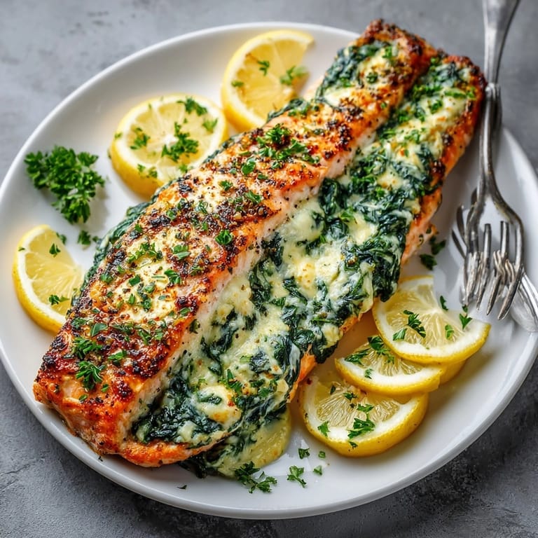 Tender Easy Spinach Stuffed Salmon served hot, bursting with melted cheese and savory herbs.