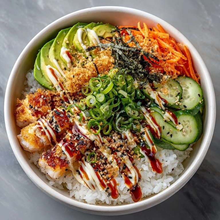 Deconstructed Crunch Roll Sushi Bowl featuring seasoned sushi rice, avocado slices, and savory seafood.