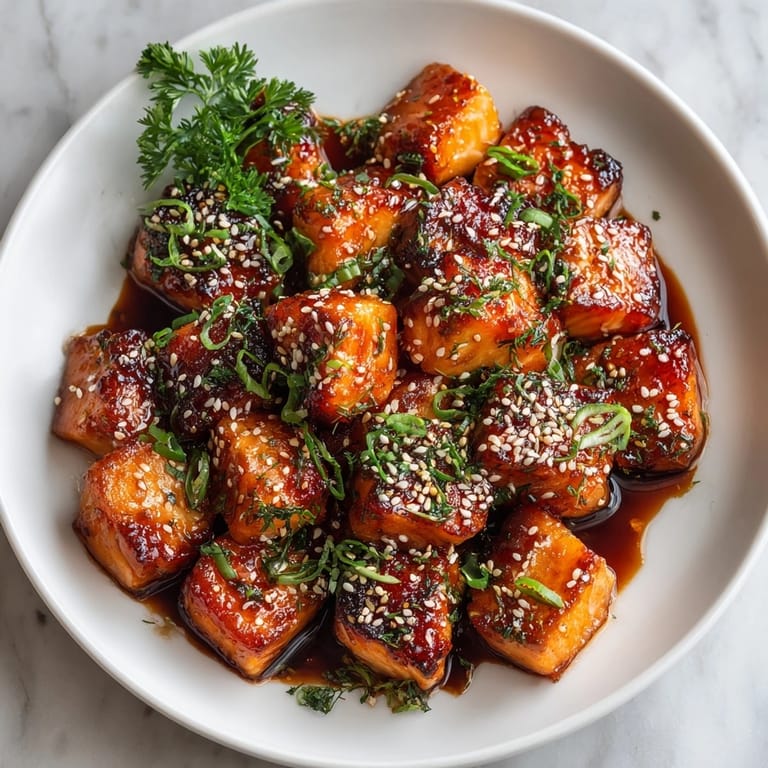 Tender Honey Garlic Salmon Bites on a rustic wooden board, ready as an easy party appetizer.