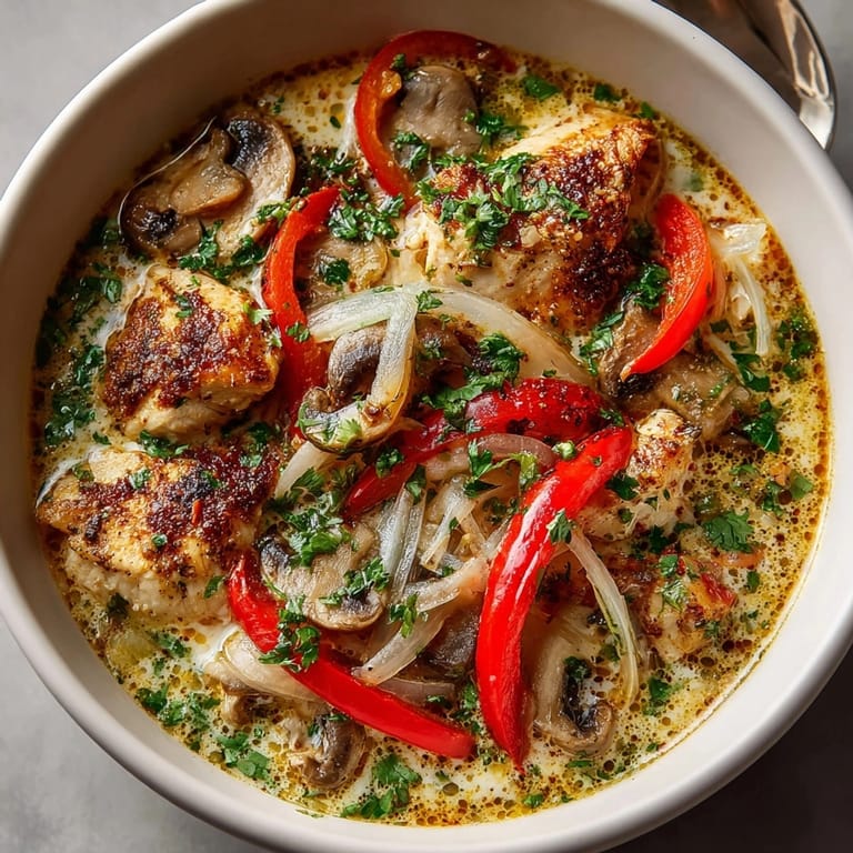 Bowl of crockpot Thai coconut chicken soup with tender chicken, vibrant veggies, and aromatic herbs.