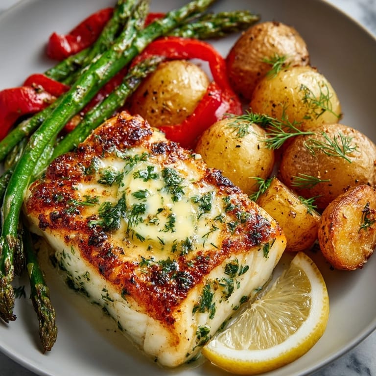 Golden-crusted pan-seared halibut with lemon-herb butter, surrounded by vibrant roasted vegetables