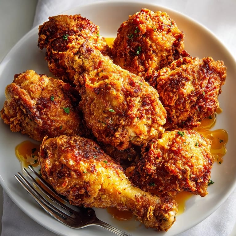 Close-up of Buttermilk Fried Chicken with Honey Hot Sauce, crunchy coating and spicy-sweet glaze ready to eat.
