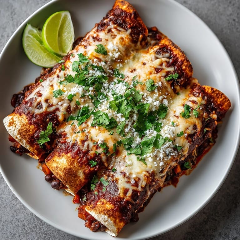 Southwestern Smoky Chipotle Black Bean and Sweet Potato Enchiladas tucked in corn tortillas, topped with melted cheese.