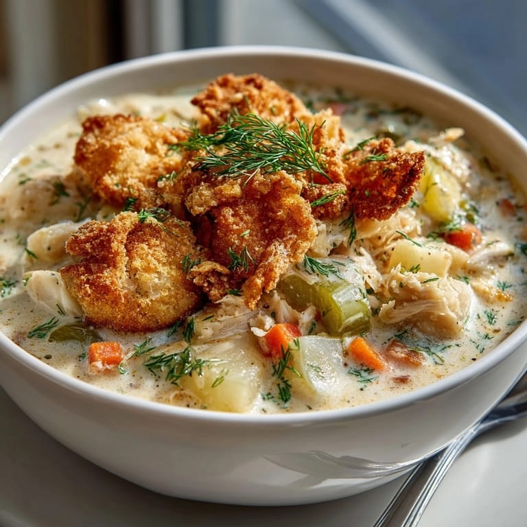 A bowl of creamy Pickle-Fix Coastal Clam Chowder topped with golden dill cracker crumbs.