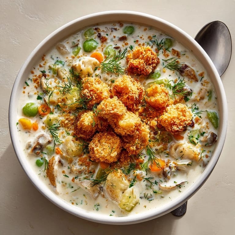 Fresh Pickle-Fix Coastal Clam Chowder garnished with dill and crisp cracker crumbs, ready for serving.