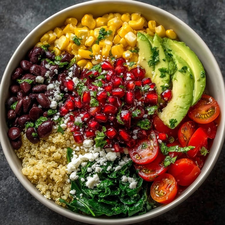 Closeup of Cherry-Coded Southwest Quinoa Bowl, garnished with feta and sprinkled with pomegranate seeds.