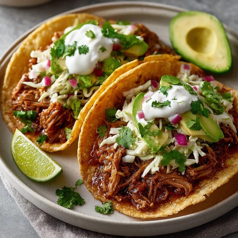 Juicy, shredded Rebel Float Root Beer Braised Pork Tacos with tangy cabbage slaw and sliced red onion garnish.