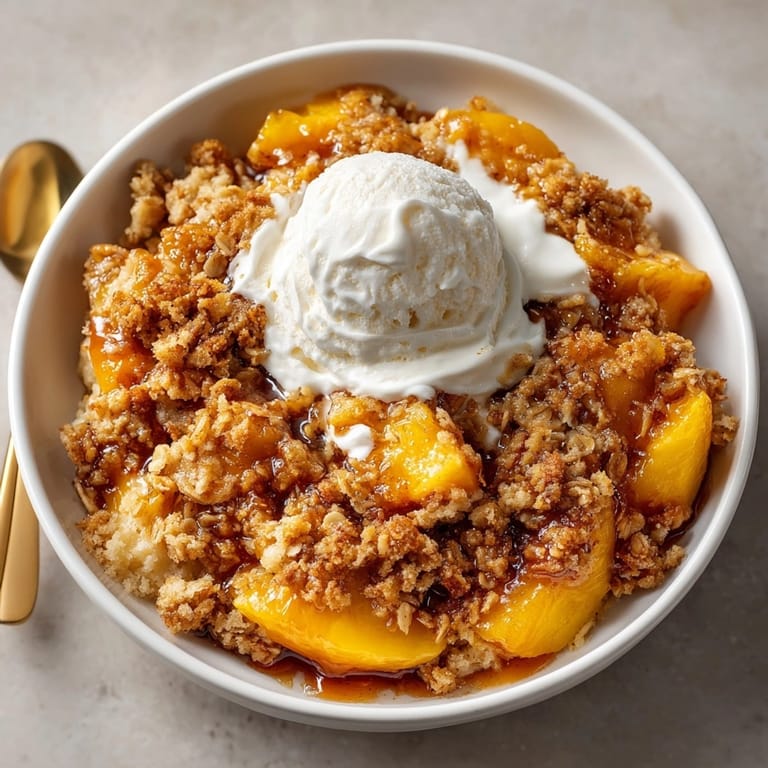 Rustic Southern Comfort Chaos Cake Peach Cobbler Mess dessert, featuring juicy peaches and buttery cake swirls.